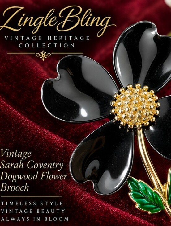 Sarah Coventry Jewelry - Vintage Sarah Coventry Dogwood Black Enamel Flower Brooch 1960s